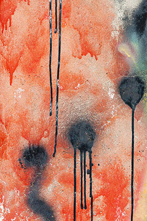 Wadi Home abstract drip painting wall art with coral background and black drips. Textured canvas print.