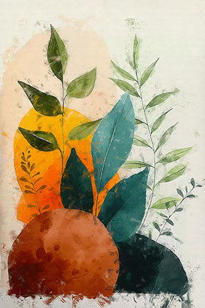 Wadi Home abstract botanical wall art with green foliage and earthy tones. Features watercolor textures and organic shapes.
