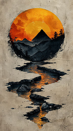 Wadi Home abstract mountain sunset reflection wall art with orange sun, dark mountains, and water reflection.