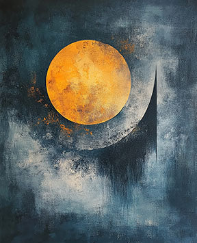 Wadi Home Abstract Celestial Sphere Wall Art with textured orange sphere on moody blue background.