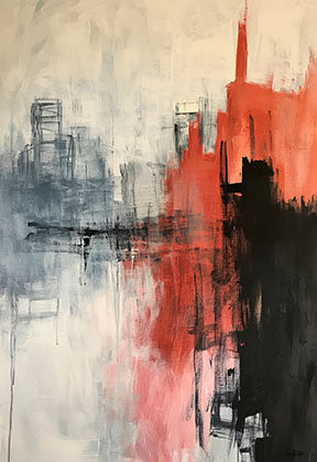 Wadi Home abstract cityscape reflection painting in red, black, and gray acrylics on canvas. Textured brushstrokes create depth.
