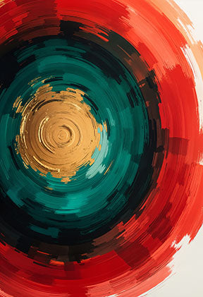 Wadi Home abstract circular wall art with red, teal, and gold concentric swirls and textured brushstrokes.