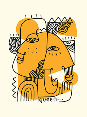 Wadi Home abstract wall art featuring two yellow faces with black line details and geometric patterns.