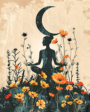 Wadi Home meditating woman silhouette under crescent moon, surrounded by orange wildflowers and butterflies. Bohemian art.