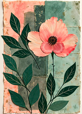 Wadi Home Botanical Floral Art Print featuring a pink poppy with green leaves on a textured coral and teal abstract background.
