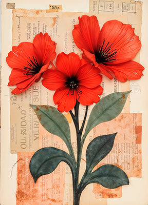 Wadi Home floral collage wall art featuring vibrant red poppies on vintage script background. Botanical elegance for any room.