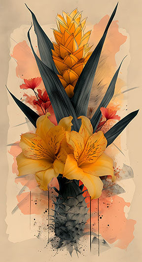 Wadi Home tropical floral arrangement wall art with golden lilies, pineapple bloom, green foliage, and coral accents in watercolor style.