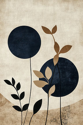 Wadi Home abstract botanical wall art with navy circles and beige leaves on textured background.