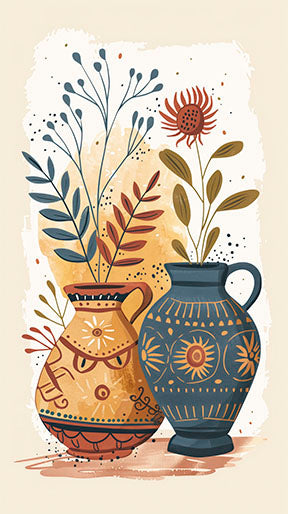 Wadi Home Bohemian Floral Vase wall art featuring two ornate vases with abstract botanical illustrations in warm earthy tones.