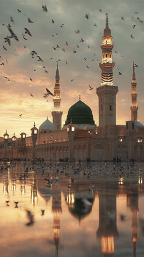 Wadi Home Mosque Reflection Wall Art featuring a green-domed mosque at sunset with birds flying and its reflection on water.