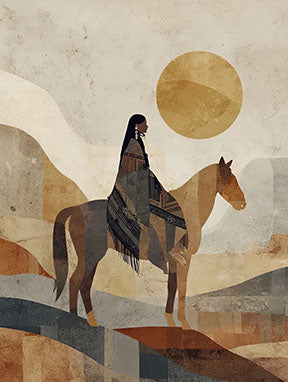 Wadi Home abstract Native American horse rider wall art in earthy tones of brown, orange, and muted blue.