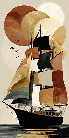 Wadi Home abstract sailboat art print with warm earthy tones and overlapping circles in the sky.