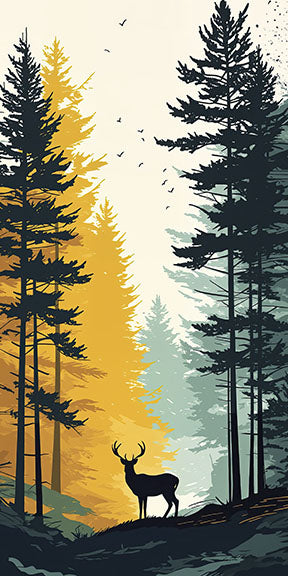 Wadi Home minimalist flat design wall art of a deer in a forest with yellow and teal pine trees.