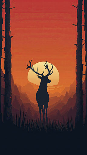 Wadi Home majestic deer silhouette in forest landscape wall art with orange sunset.