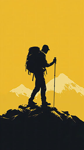 Wadi Home mountain climber silhouette art print, black hiker on yellow sky with snow-capped peaks.