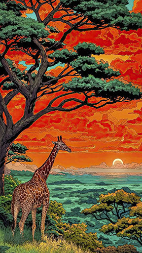Wadi Home African Sunset Giraffe Landscape Wall Art featuring a giraffe silhouetted against a vibrant orange and red sunset sky.
