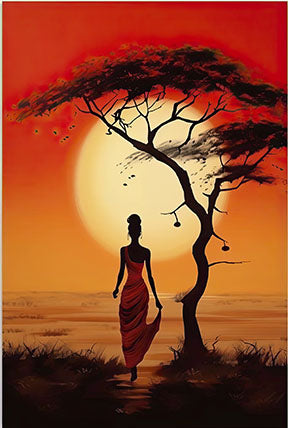 Wadi Home African Sunset landscape art print with a woman in red dress walking under an acacia tree.