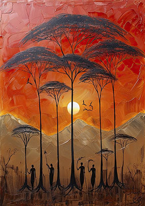 Wadi Home African Sunset painting with impasto texture, featuring silhouetted acacia trees and figures against a fiery orange sky.
