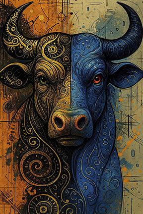 Wadi Home abstract bull portrait wall art, split between intricate gold patterns and deep blue hues, with orange accents.