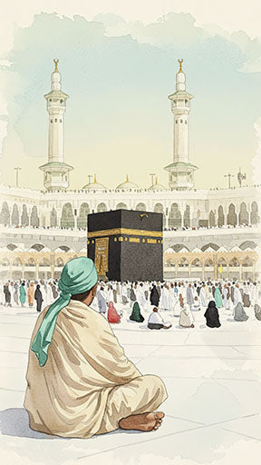 Wadi Home Islamic pilgrimage artwork watercolor painting of Kaaba with pilgrims and a man in foreground wearing a green turban.