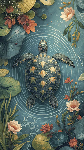 Wadi Home Serene Turtle Pond Floral Wall Art featuring a turtle swimming among lotus flowers and greenery in blue water.