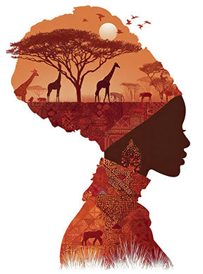 Wadi Home African silhouette wall art with savanna sunset scene, giraffes, zebras, acacia trees, and woman's profile.