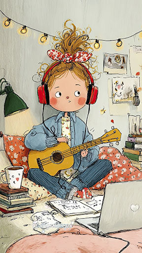 Wadi Home artwork of a girl with red headphones playing a yellow guitar, surrounded by books and a laptop.