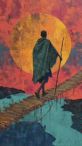 Wadi Home artwork: Figure in green cloak crosses rustic bridge at sunset over blue water. Textured, vibrant.
