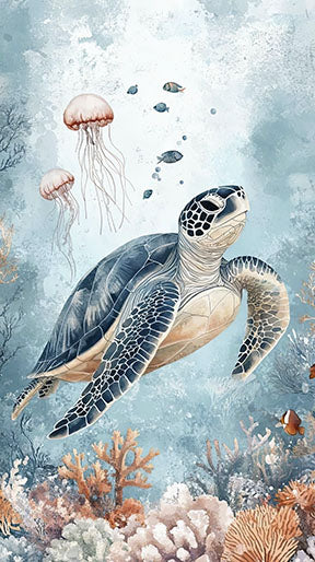 Wadi Home sea turtle and jellyfish coral reef watercolor wall art. Features a sea turtle swimming with jellyfish, coral, and fish in a blue ocean.