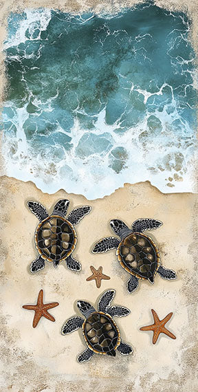 Wadi Home sea turtle beach wall art with three turtles and starfish on sand with ocean waves.