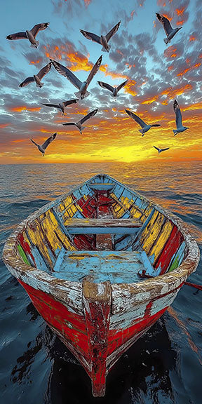 Wadi Home sunset seascape wall art featuring a weathered, colorful rowboat on calm water with birds flying across a vibrant sky.