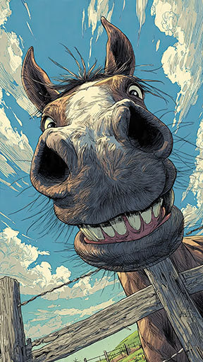 Wadi Home whimsical horse portrait wall art with a goofy grin against a bright blue sky and clouds.