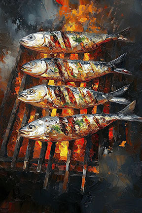 Wadi Home oil painting of four grilled fish on a barbecue with vibrant flames and dynamic brushstrokes.