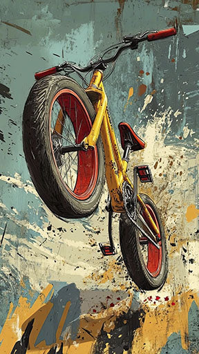 Wadi Home dynamic yellow bicycle art print with red accents, mid-air action against abstract background.
