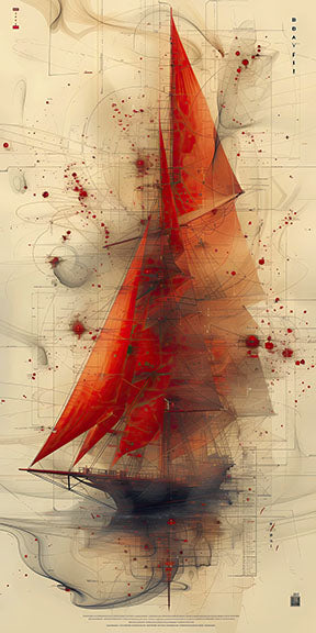 Wadi Home abstract sailboat artwork with vibrant red sail on textured neutral background. Modern nautical art.