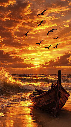 Wadi Home wall art depicting a wooden boat on a beach at sunset with fiery orange and red skies and birds flying.