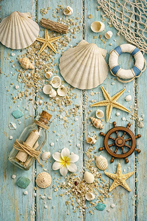 Wadi Home Nautical Beach Treasures wall art with seashells, starfish, ship's wheel, message in a bottle on turquoise wood.
