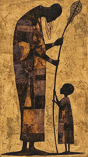 Wadi Home tribal elder and child wall art in gold, brown, and black. Textured silhouette with intricate patterns and staff.