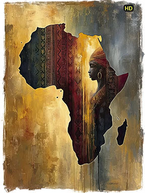 Wadi Home African continent silhouette wall art with portrait of a woman, textured earth tones, and traditional patterns.