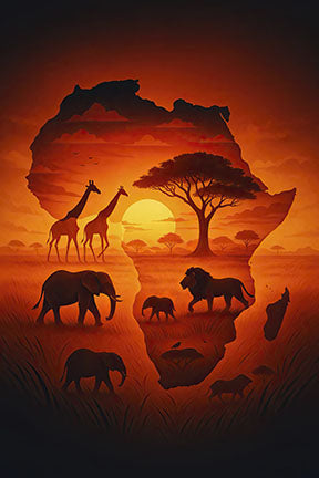 Wadi Home African continent wall art with sunset and wildlife silhouettes including elephants, giraffes, and lions.