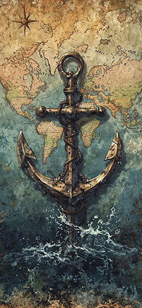 Wadi Home Nautical Anchor World Map Wall Art, vintage map with anchor over deep blue sea, rich blues and earthy tones.