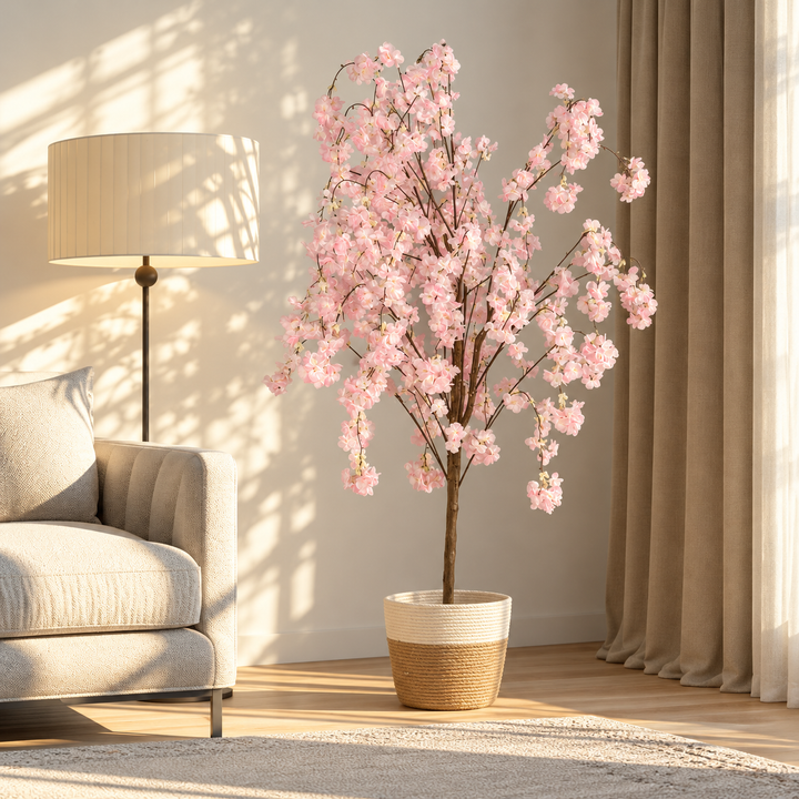 155 cm artificial pink cherry blossom tree in a cream and natural tan woven pot beside a cream armchair.