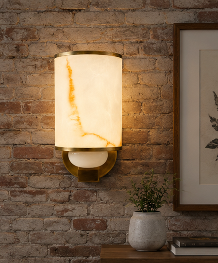 Luxury Alabaster Cylinder Wall Sconce in Antique Brass