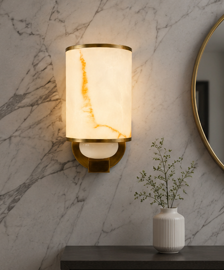 Luxury Alabaster Cylinder Wall Sconce in Antique Brass