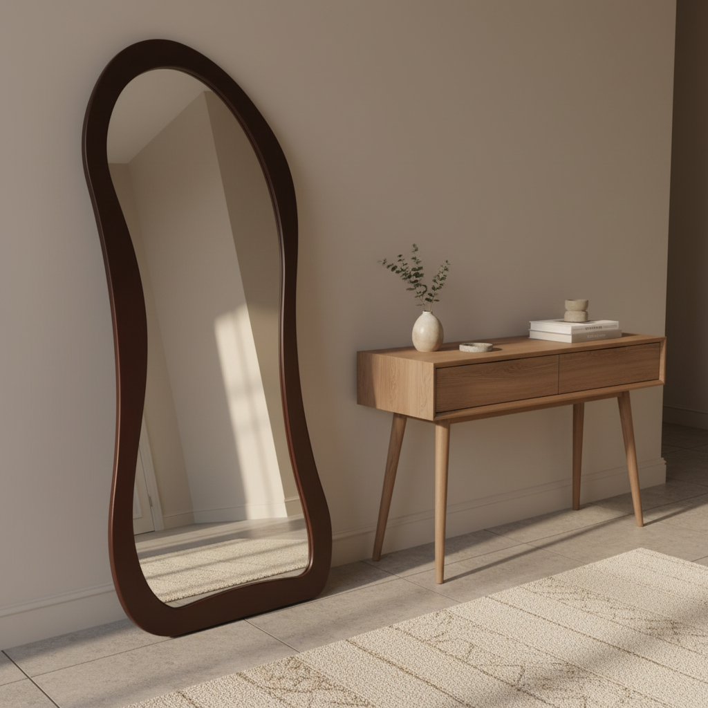 Decorative mirror standing in modern entryway against wall