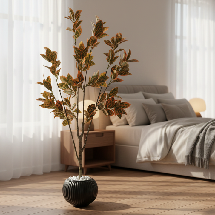 Artificial boxwood shrub in serene bedroom corner