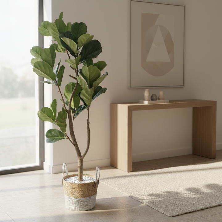 Artificial myrtle shrub in stylish modern entryway