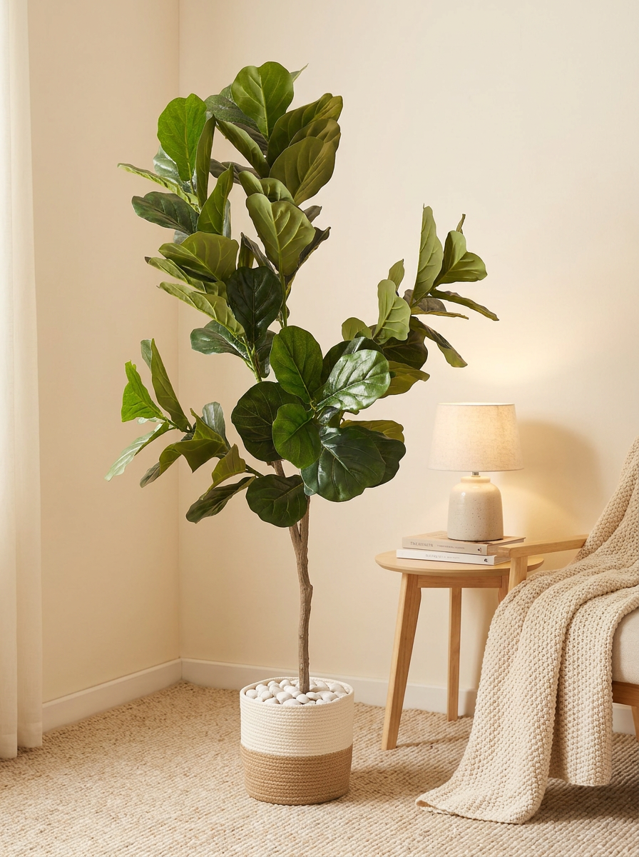 Artificial plant in cozy bedroom corner lifestyle setting