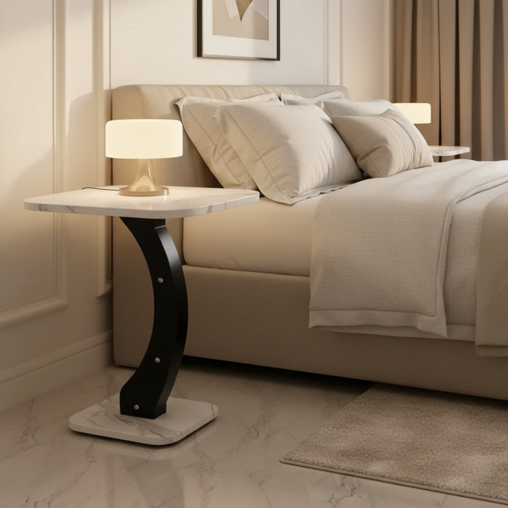 White marble side table as luxury bedside table with warm professional lighting
