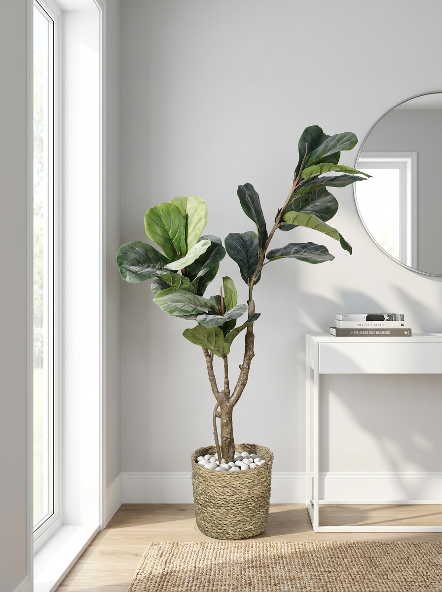 Artificial indoor plant styled in a home entryway or office